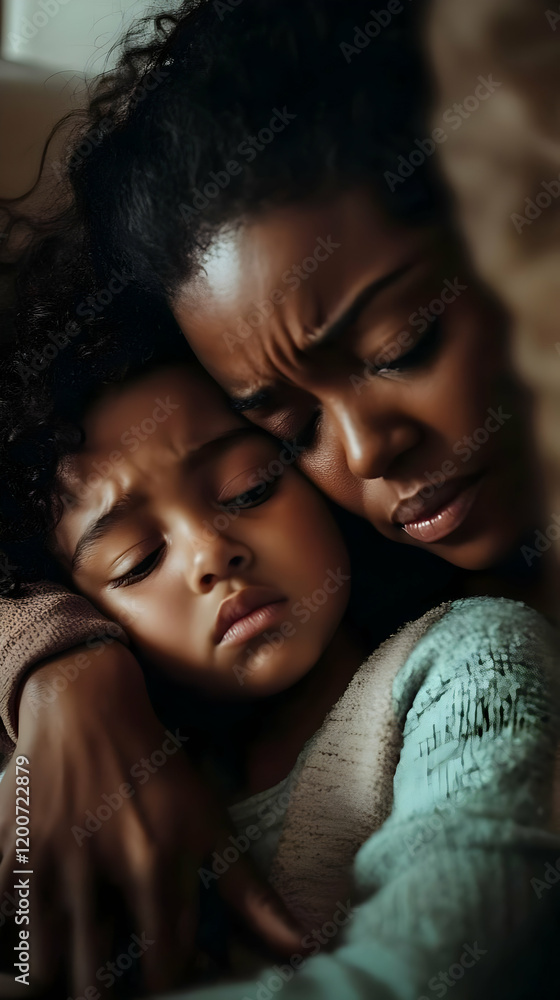 Mother Embraces Child, Expressing Sadness and Concern in Close-up Photo Mother Embraces Child, Expressing Sadness and Concern in Close-up Photo