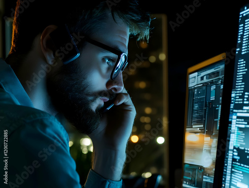 Focused Man Works Late, Add...