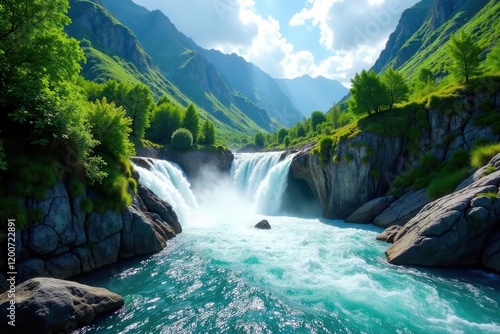 Turbulent turquoise water cascades down lush green mountains , lush vegetation, nature
