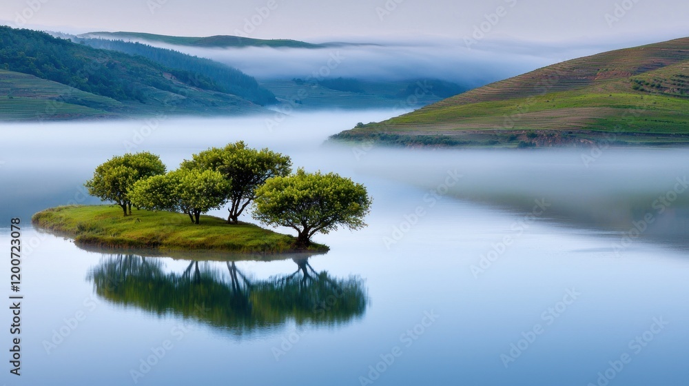 Obraz premium Misty Lake with Island Trees