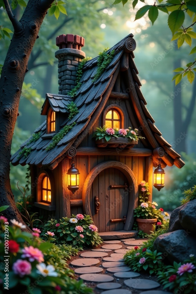 Twinkling lanterns adorn the thatched roof of a whimsical fairy abode, branches, cottage Twinkling lanterns adorn the thatched roof of a whimsical fairy abode, branches, cottage