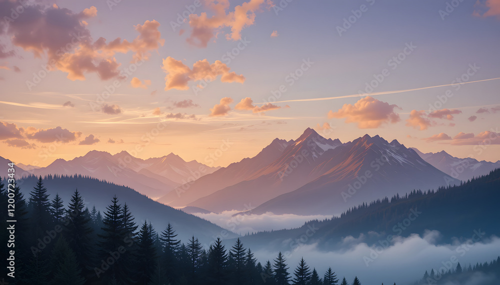 Obraz premium Majestic mountain range at sunset, fog in valley, pine trees.