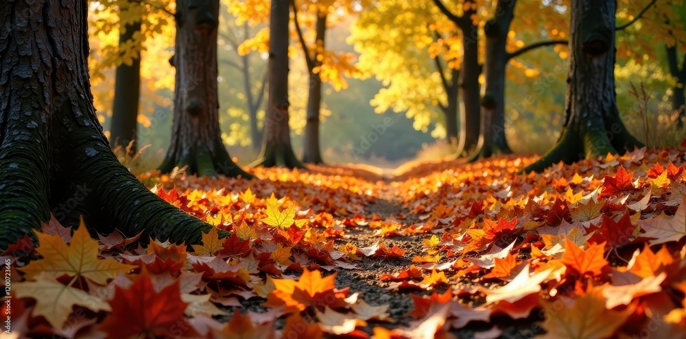 Vibrant autumn leaves scattered on forest floor amidst tree trunks and branches, forest, foliage colors Vibrant autumn leaves scattered on forest floor amidst tree trunks and branches, forest, foliage colors
