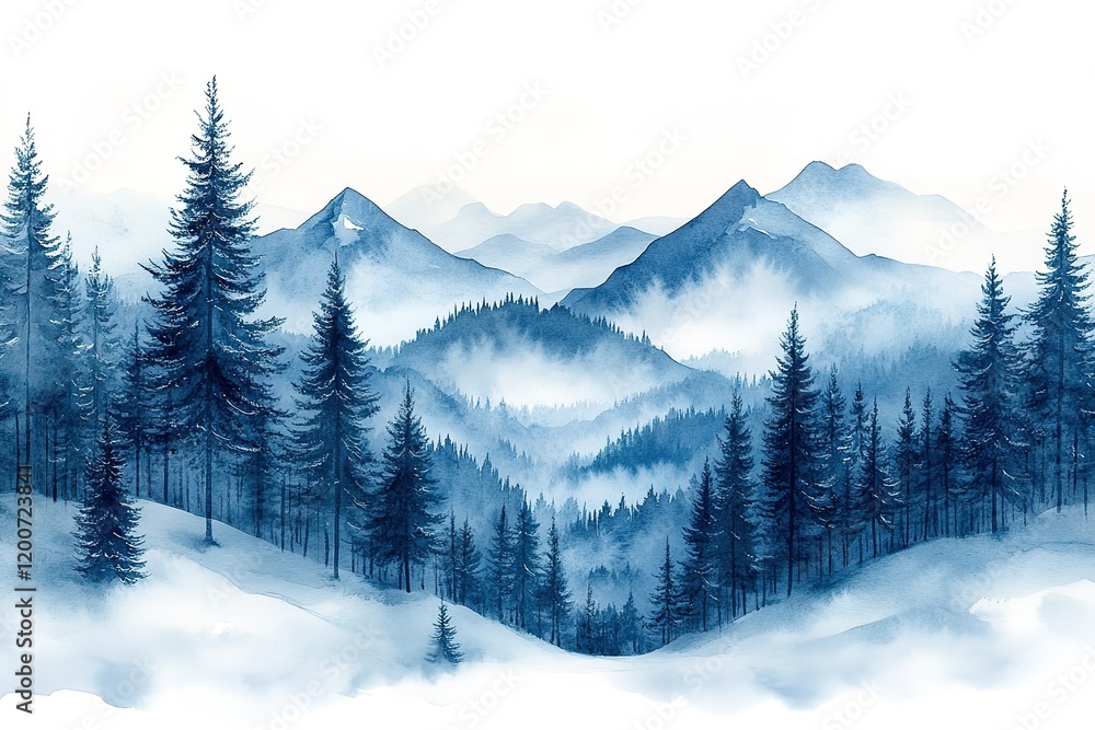 Fototapeta premium Misty mountain landscape with snow-covered hills and a dense evergreen forest.