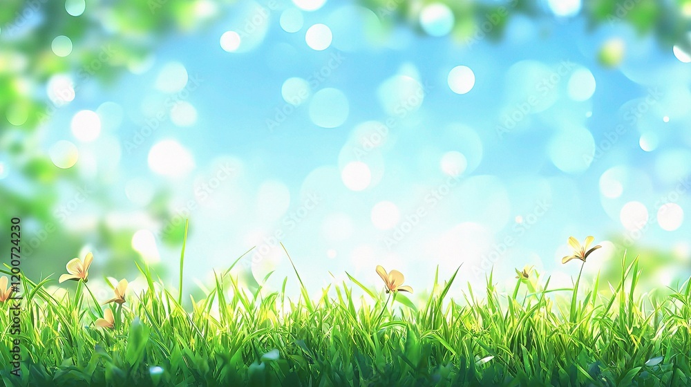 Obraz premium Springtime Bliss: A vibrant green meadow, bursting with life, captures the essence of springtime renewal. Delicate wildflowers bloom amidst the lush grass.