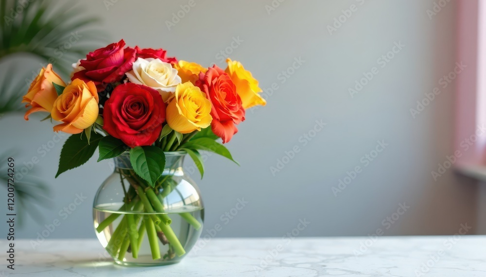 Vibrant flowers in a glass vase, arranged artfully on a table, flowers, colorful Vibrant flowers in a glass vase, arranged artfully on a table, flowers, colorful