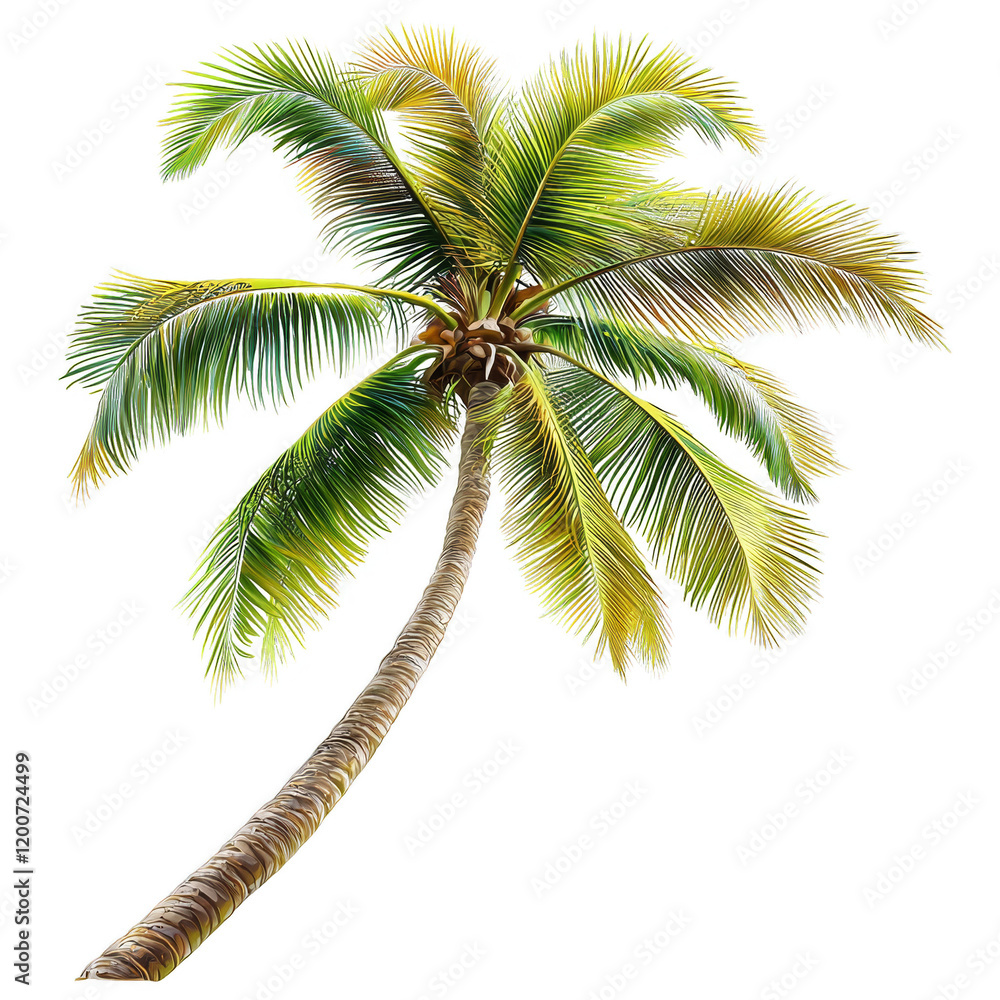 Fototapeta premium Tall And Lush Green Palm Tree Against Clear Blue Sky Background