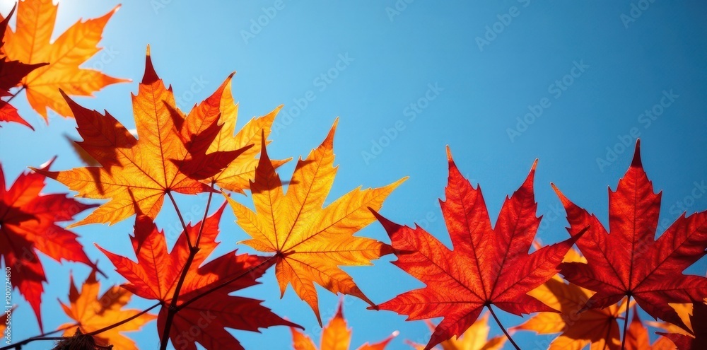 vibrant maple leaves against a clear blue sky, sunny day, natural scenery vibrant maple leaves against a clear blue sky, sunny day, natural scenery