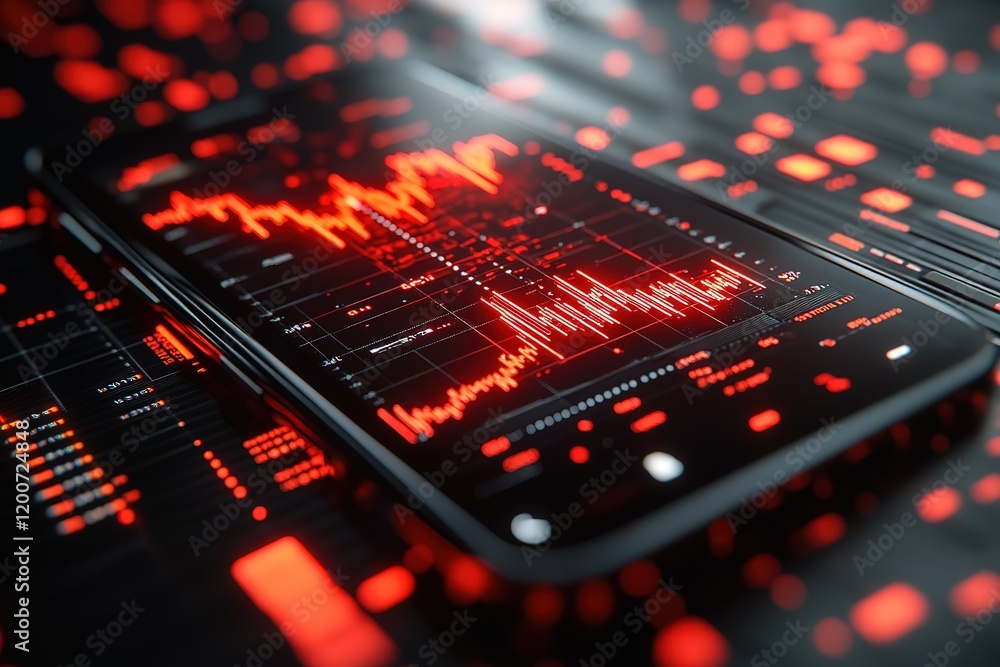 Fototapeta premium Stock market data displayed on a smartphone screen, showing fluctuating prices in red.