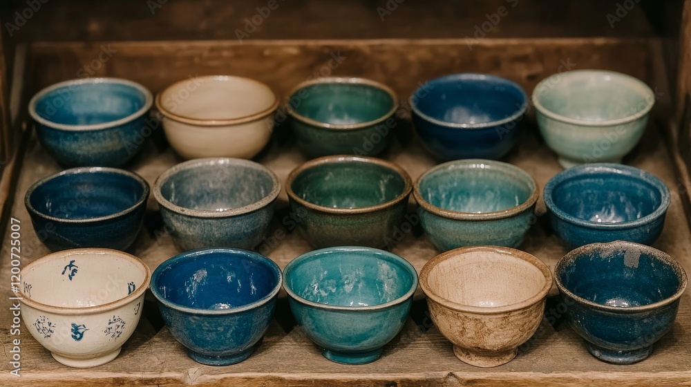 Collection of Handmade Ceramic Bowls in Wooden Box Collection of Handmade Ceramic Bowls in Wooden Box