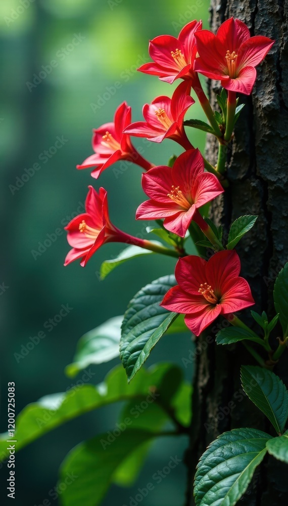 Vibrant red flowers in full bloom on a majestic tree against a lush tropical green background, blooms, flowers Vibrant red flowers in full bloom on a majestic tree against a lush tropical green background, blooms, flowers
