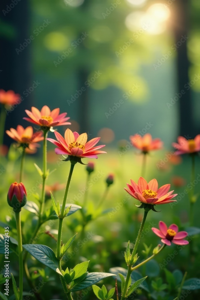 Fototapeta premium Vibrant wildflowers sway gently in the forest breeze, greenery, flowers