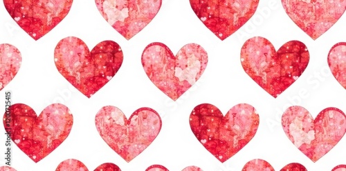 Red hearts watercolor repeat pattern, white background, illustration, watercolor hearts