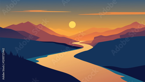  Sunset casts a golden glow over a tranquil lake and meandering river, captured from an aerial perspective flat vector illustration