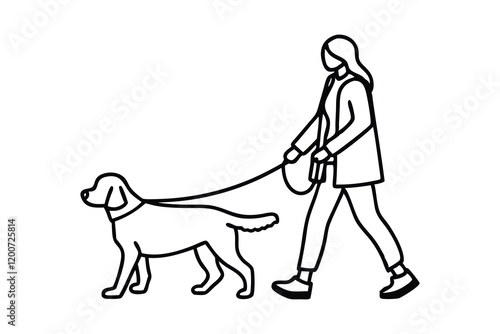  Woman walking a dog Hand drawn line art vector illustration