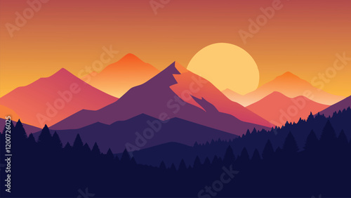 Breathtaking sunset casts warm hues over majestic mountains, creating a serene and picturesque landscape flat vector illustration.