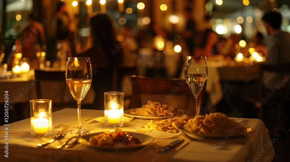 Obraz premium Chic Italian restaurant. Gourmet pasta wine. Candlelit tables elegant white linens. Fine dining attire. Romantic ambiance.