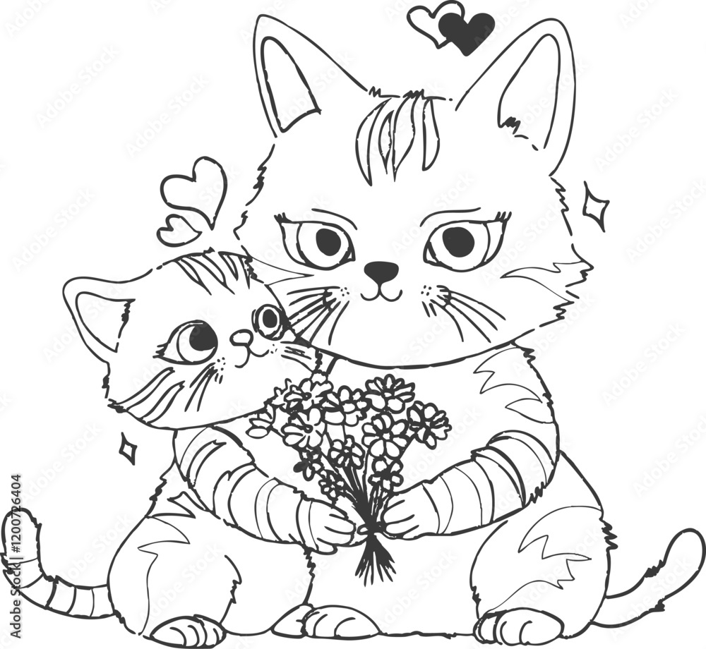 Cat Family: A Cute Mother Cat and Kitten Cuddling Coloring Page Vector - 02 Cat Family: A Cute Mother Cat and Kitten Cuddling Coloring Page Vector - 02