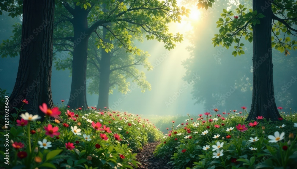 Obraz premium A misty forest with delicate wildflowers overlaying the trees , subtle, peaceful , nature