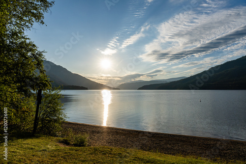 sunny morning Beautiful Shuswap Lake in summer near Herald Provincial park British Columbia Canada photo