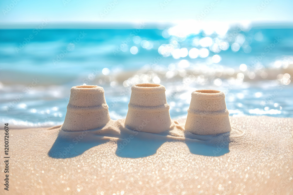 Three Sandcastles Stand Firmly on the Beach with a Sparkling Ocean Background Three Sandcastles Stand Firmly on the Beach with a Sparkling Ocean Background