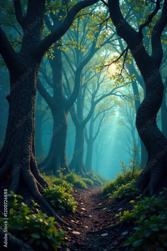 Fototapeta premium Dark forest landscape with twisted tree branches , bush, trees, tree