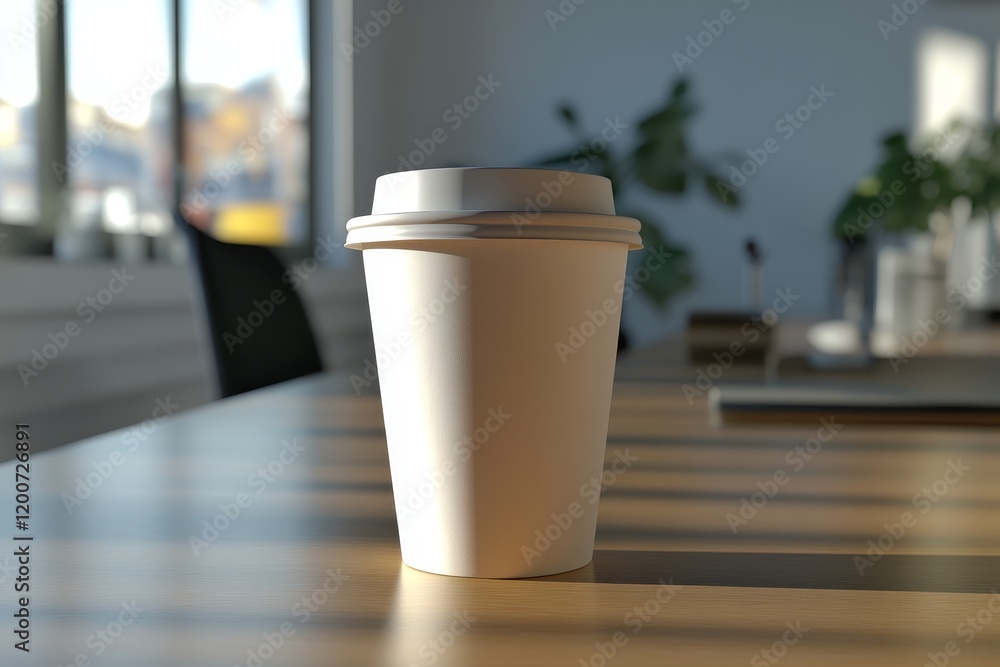 White disposable coffee cup on wooden table in office. White disposable coffee cup on wooden table in office.