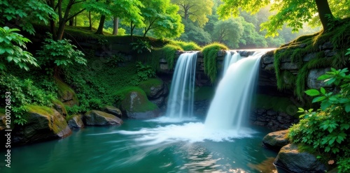 Waterfall cascades through emerald forest foliage, foliage, river