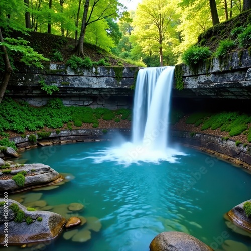 Waterfall cascade in turquoise Plitvice Lakes, scenery, natural beauty