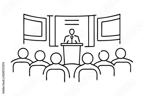  keynote speaker and audience at business conference Hand drawn line art vector illustration.