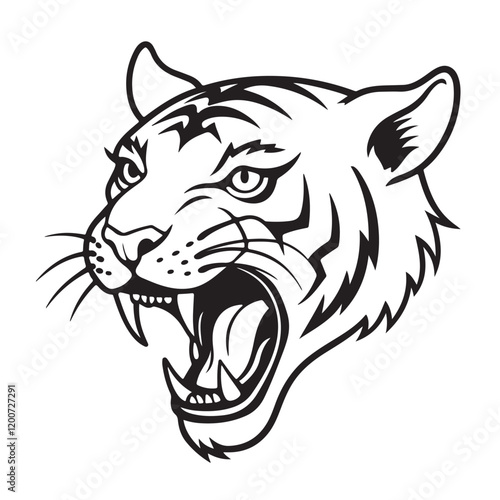 Angry tiger head with roaring mouth hand drawn sketch engraving style vector illustration.