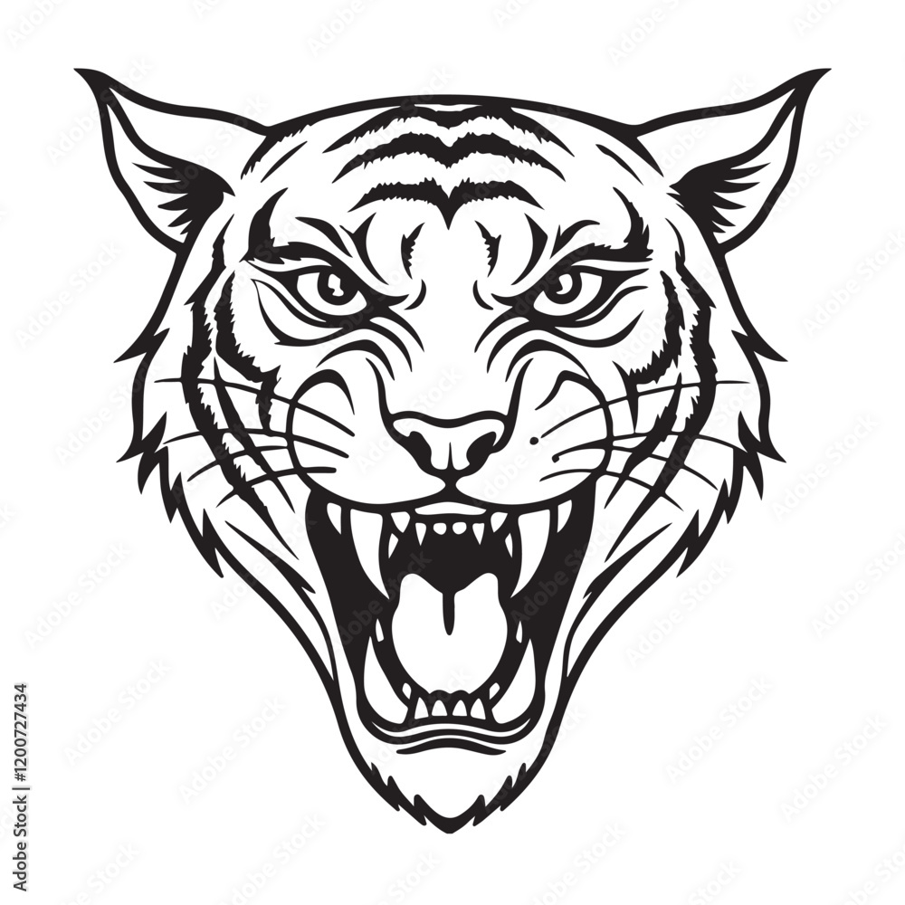 Angry tiger head with roaring mouth hand drawn sketch engraving style vector illustration. Angry tiger head with roaring mouth hand drawn sketch engraving style vector illustration.