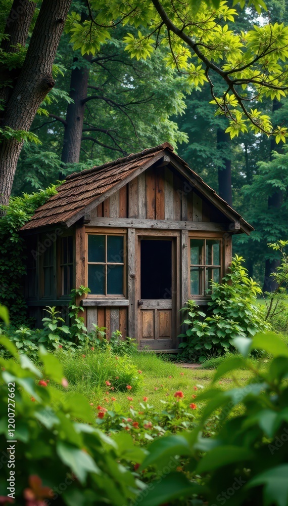 Weathered wooden greenhouse in rural garden surrounded by tall trees and overgrown vegetation, vegetation, old