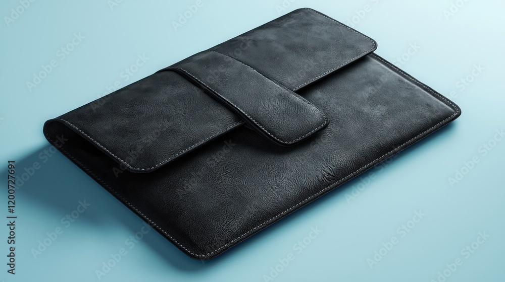 Black leather laptop sleeve on blue background Black leather laptop sleeve on blue background