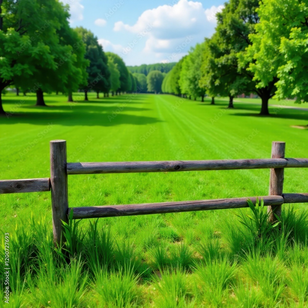 Weathered wooden fence surrounds a lush green grass field with a few trees in the background, sports equipment, old fence Weathered wooden fence surrounds a lush green grass field with a few trees in the background, sports equipment, old fence