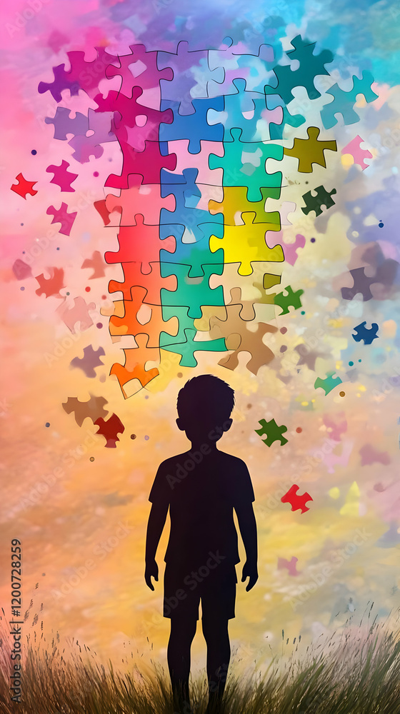 Child Silhouette Stands Below Colorful Puzzle Pieces Floating in a Dreamlike Sky Child Silhouette Stands Below Colorful Puzzle Pieces Floating in a Dreamlike Sky