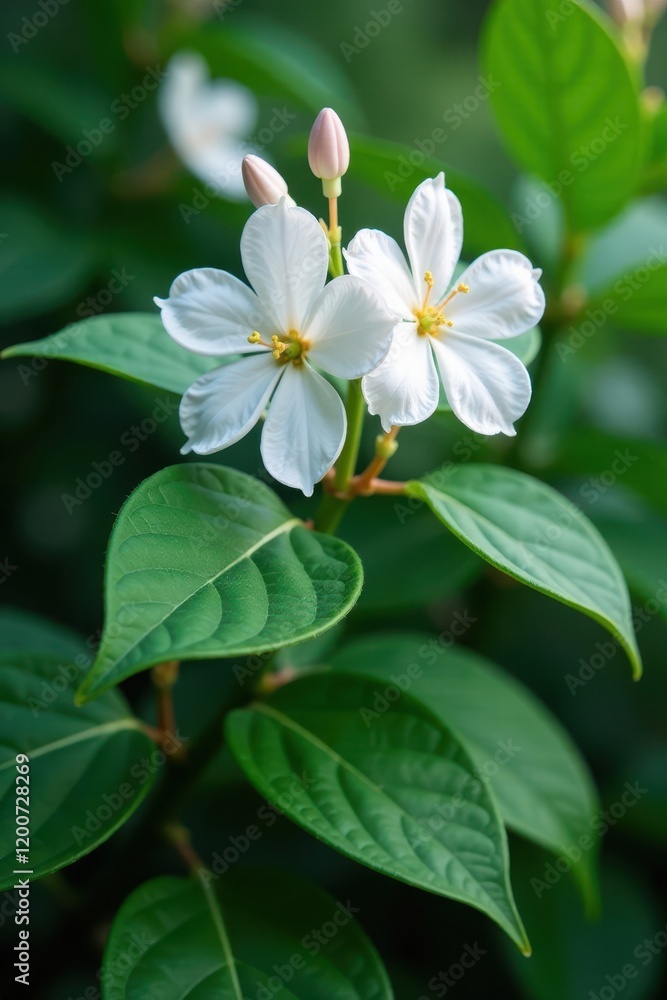 White blooms on dark green glossy leaves with delicate pink stems, fragrant flowers, indoor plant White blooms on dark green glossy leaves with delicate pink stems, fragrant flowers, indoor plant