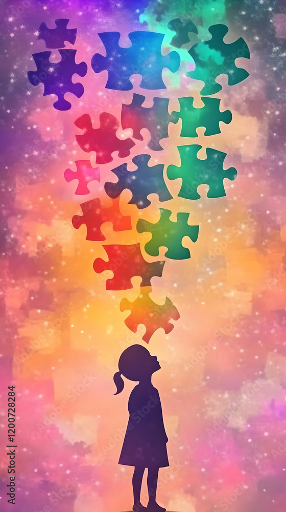 Silhouette of Child Looks Up at Colorful Puzzle Pieces Floating in Dreamlike Sky Silhouette of Child Looks Up at Colorful Puzzle Pieces Floating in Dreamlike Sky