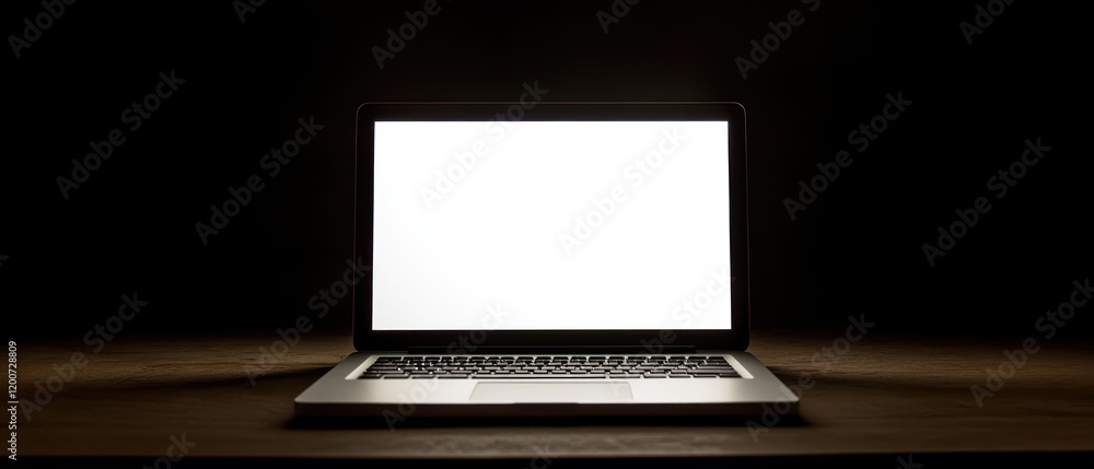 Illuminated Laptop on Dark Desk: Digital World in Darkness Illuminated Laptop on Dark Desk: Digital World in Darkness