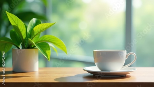 Wooden table setup with a single re usable cup and a few leaves of green plants, minimalist decor, leafy greens photo