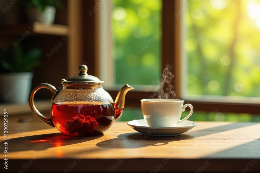 Wooden table with teapot kettle and matching cup, wooden, warm glow Wooden table with teapot kettle and matching cup, wooden, warm glow