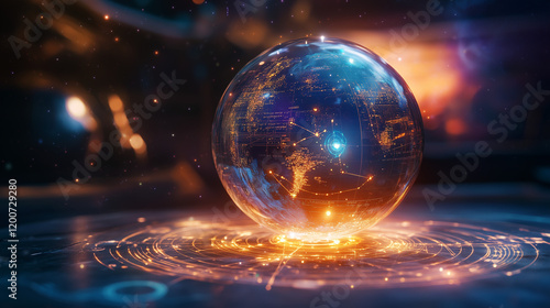 A crystal ball with glowing star charts, planetary diagrams, and astrology symbols swirling inside, offering glimpses of destiny