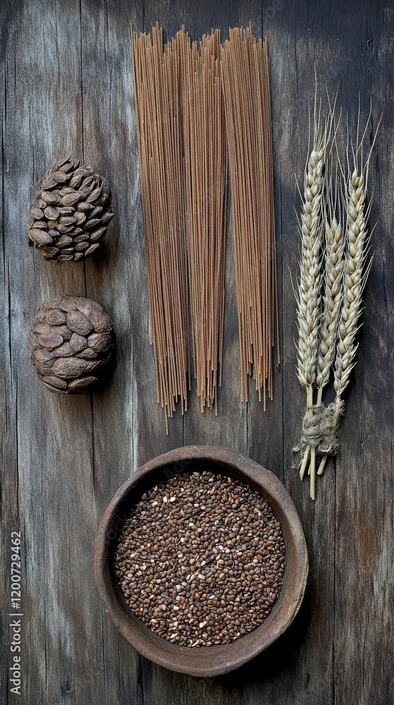 Rustic whole wheat pasta, grains, and wheat stalks on wood. Food photography for recipe blogs Rustic whole wheat pasta, grains, and wheat stalks on wood. Food photography for recipe blogs