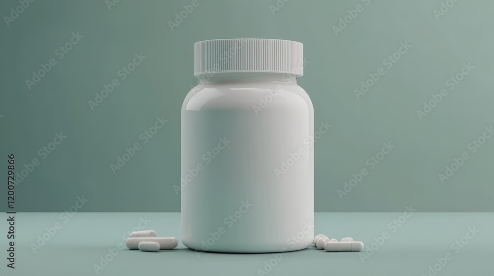 White pill bottle with capsules on a teal background. White pill bottle with capsules on a teal background.