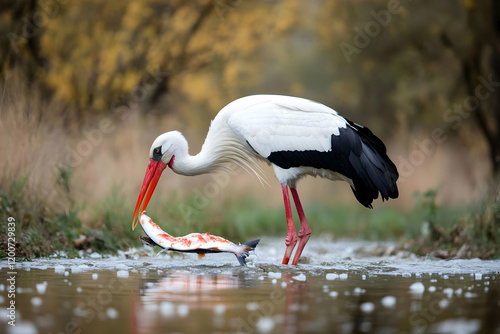 A Stork Catches a Fish in a...