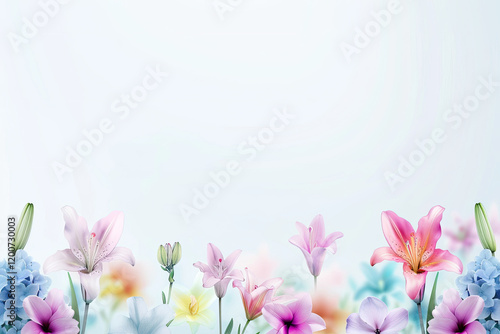 Watercolor floral border with lilies and hydrangeas on soft pastel background