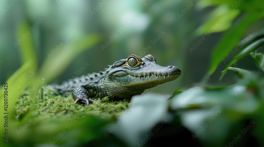Fototapeta premium Baby Crocodile Resting on Riverbank Surrounded by Lush Greenery in a Serene Natural Habitat