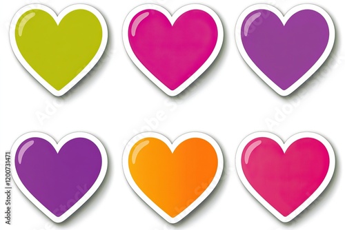 This vibrant set of heart stickers features clean white outlines, showcasing various colors that celebrate love, making it ideal for Valentine's Day festivities
