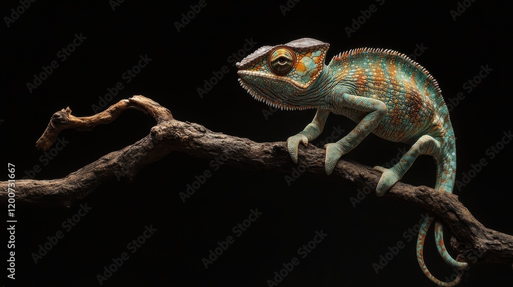 Fototapeta premium Dynamic Chameleon Capturing Color Changes Against Dark Background in Natural Habitat