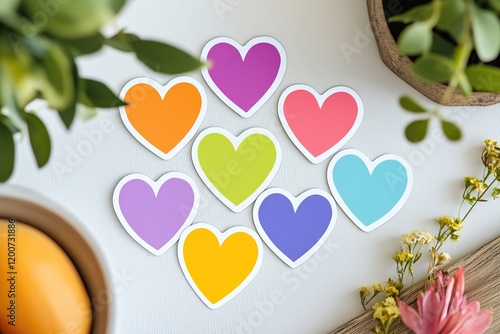 A vibrant collection of heart-shaped stickers showcases various colors, set against a light background, making it ideal for Valentine's Day crafts and decorations